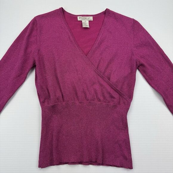 Vintage POPPY Pink Sparkle Knit Sweater Top Size Medium V-Neck Ribbed Silk Blend - Picture 5 of 9